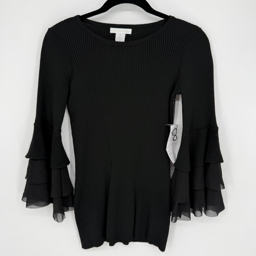 DESIGN HISTORY BLACK RIBBED‎ KNIT SWEATER TUNIC BELL SLEEVES NWT SMALL